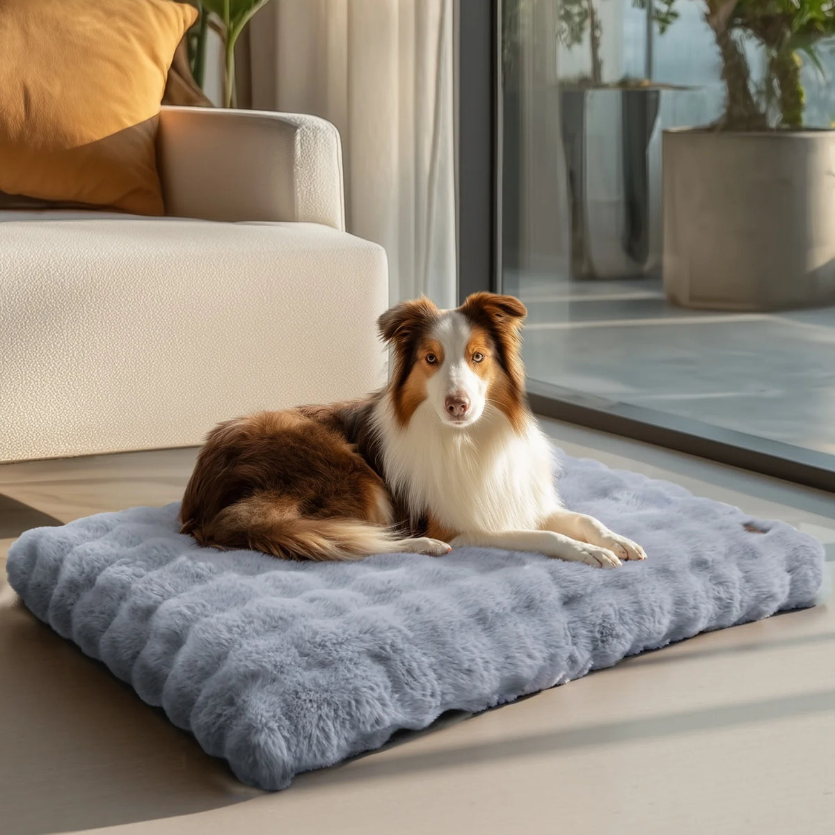 Lit en peluche BINGOPAW gris avec un berger australien couché dessus dans un salon