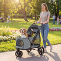 Poussette tout-terrain pliable PawHut pour chien grise poussée par une femme dans un parc, beagle installé