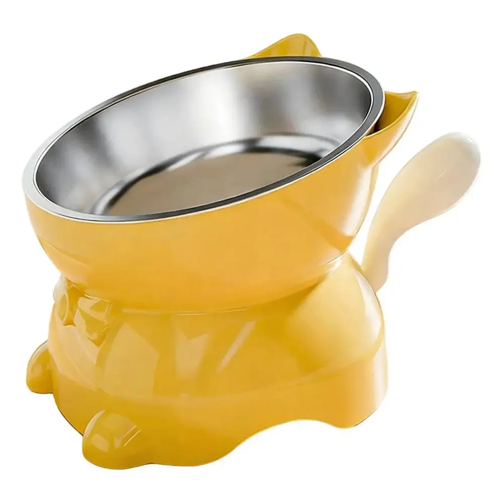 Bol surélevé oreilles de chat coloris jaune avec bol en acier inoxydable amovible, sur fond blanc