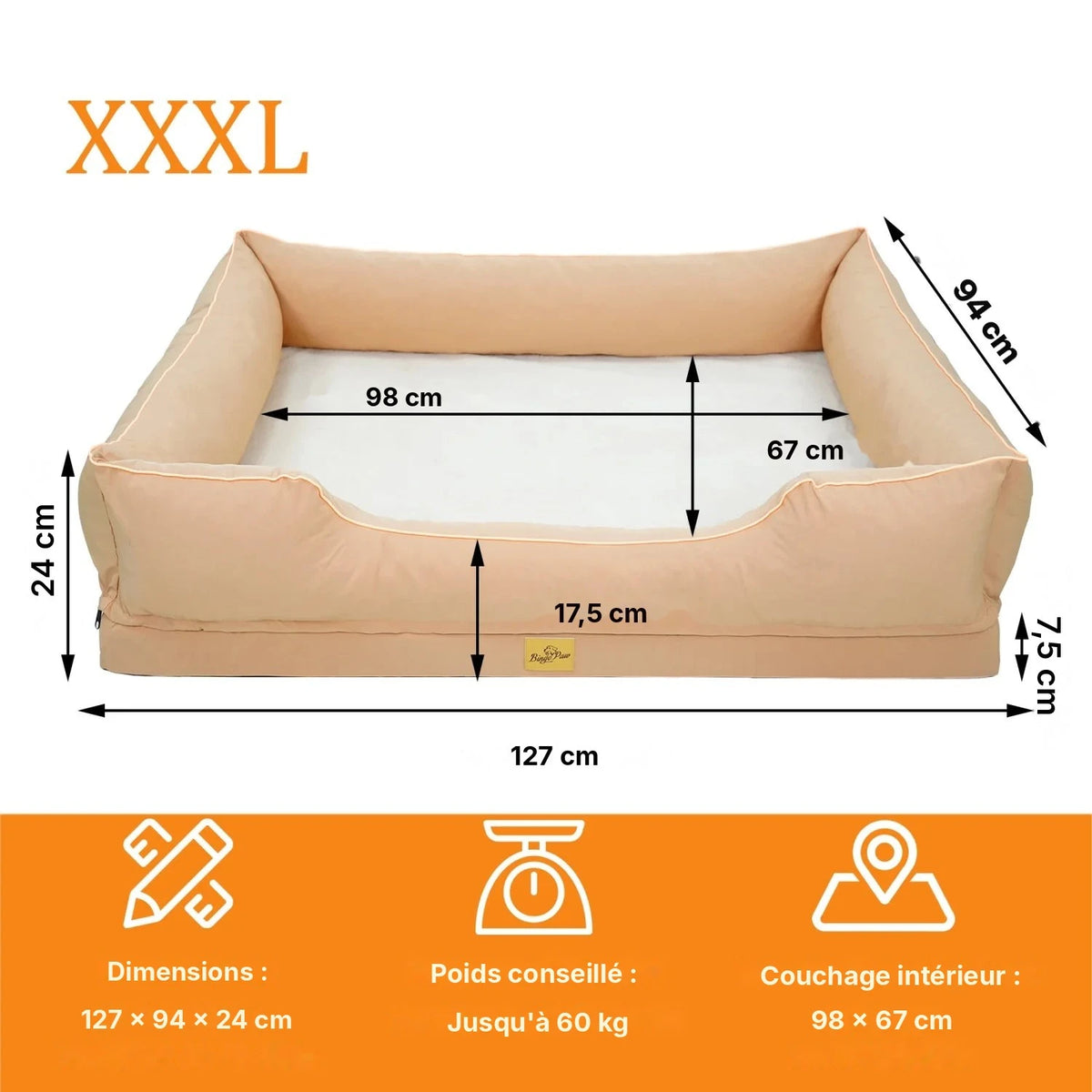 Lit pour chien BINGOPAW beige taille XXXL, schéma des dimensions, poids conseillé et couchage