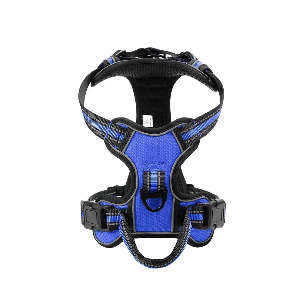 Harnais anti-traction réfléchissant pour chien, coloris bleu, vue de face sur fond blanc