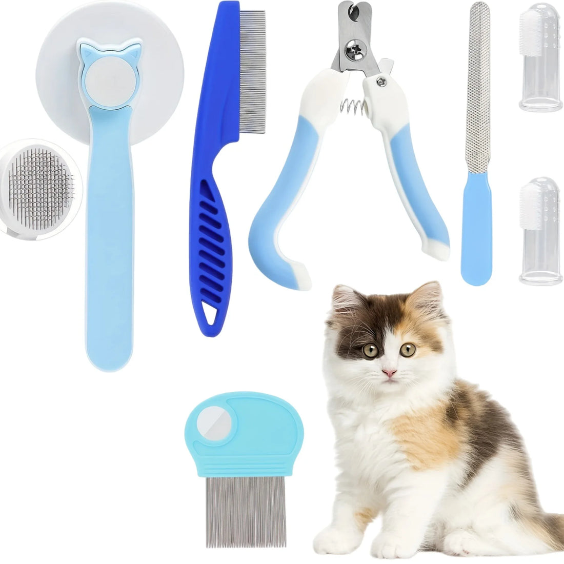 Kit de toilettage 7 pièces rose : brosse autonettoyante, peignes, coupe-griffes, lime et brosses à doigt