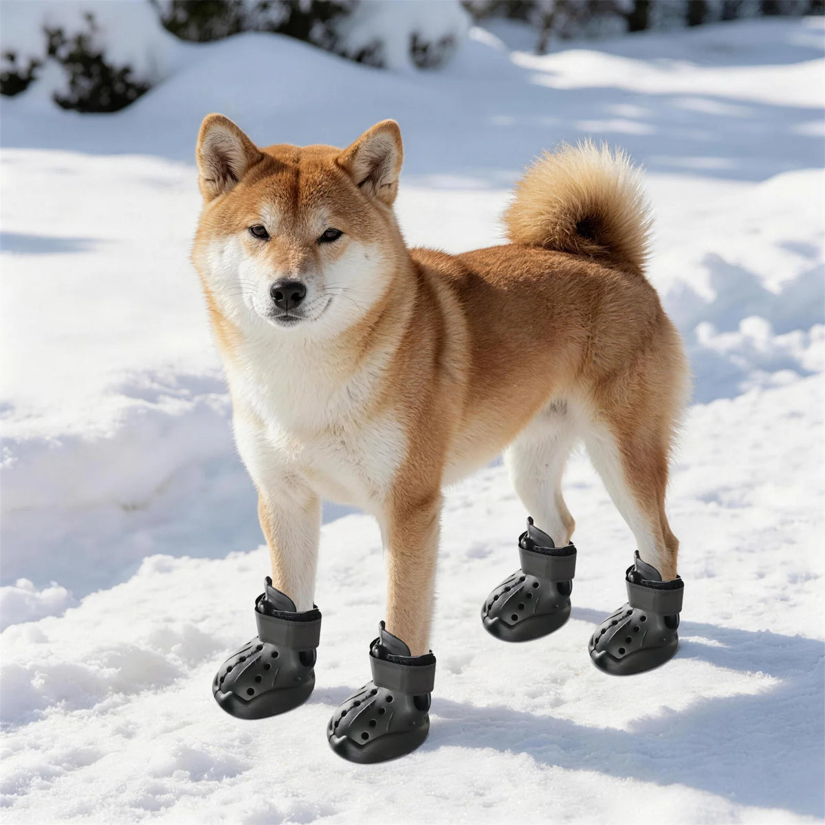 Bottines respirantes en EVA pour chien, lot de 4, portées par un shiba inu dans la neige