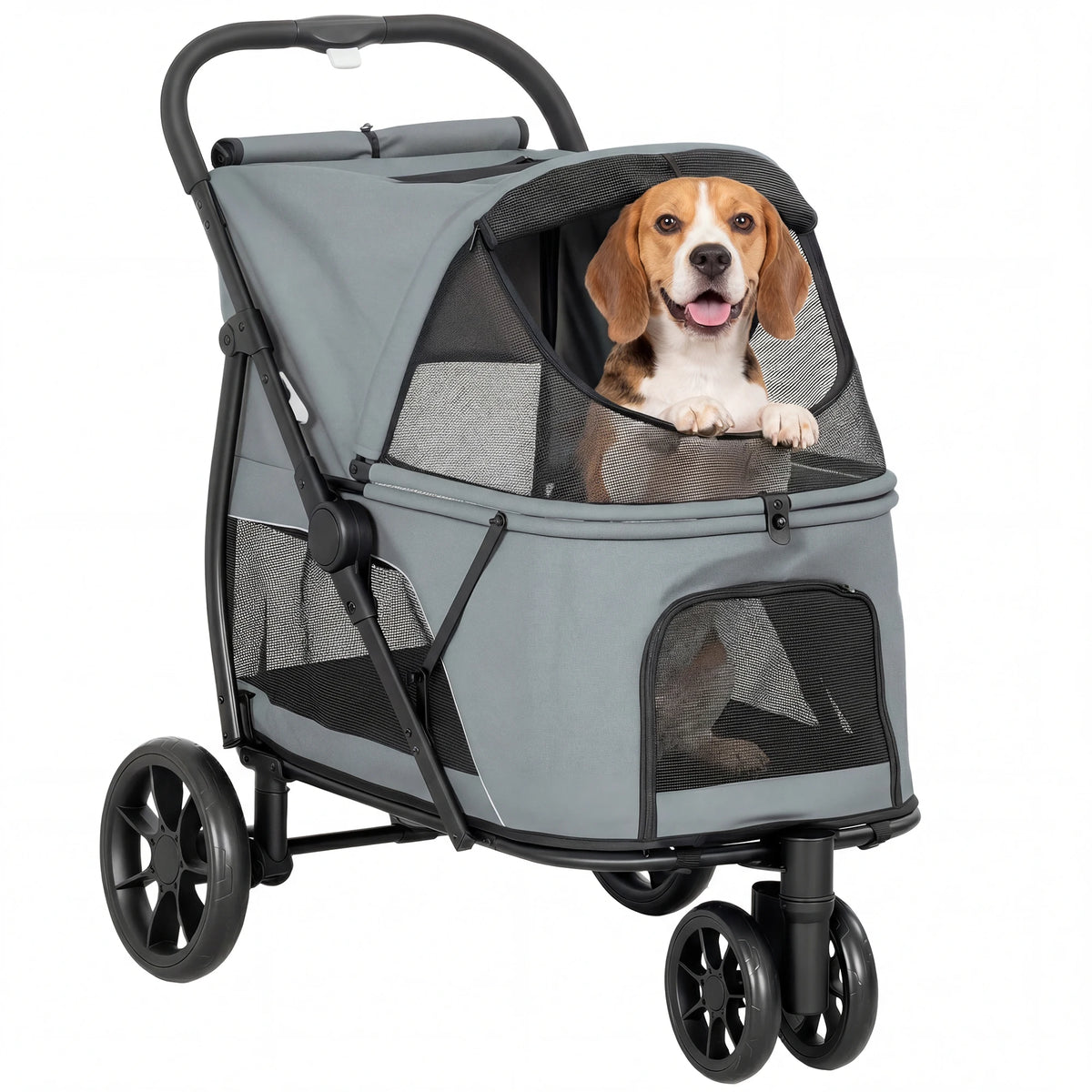 Poussette tout-terrain pliable PawHut pour chien grise à trois roues, beagle à l'intérieur, sur fond blanc