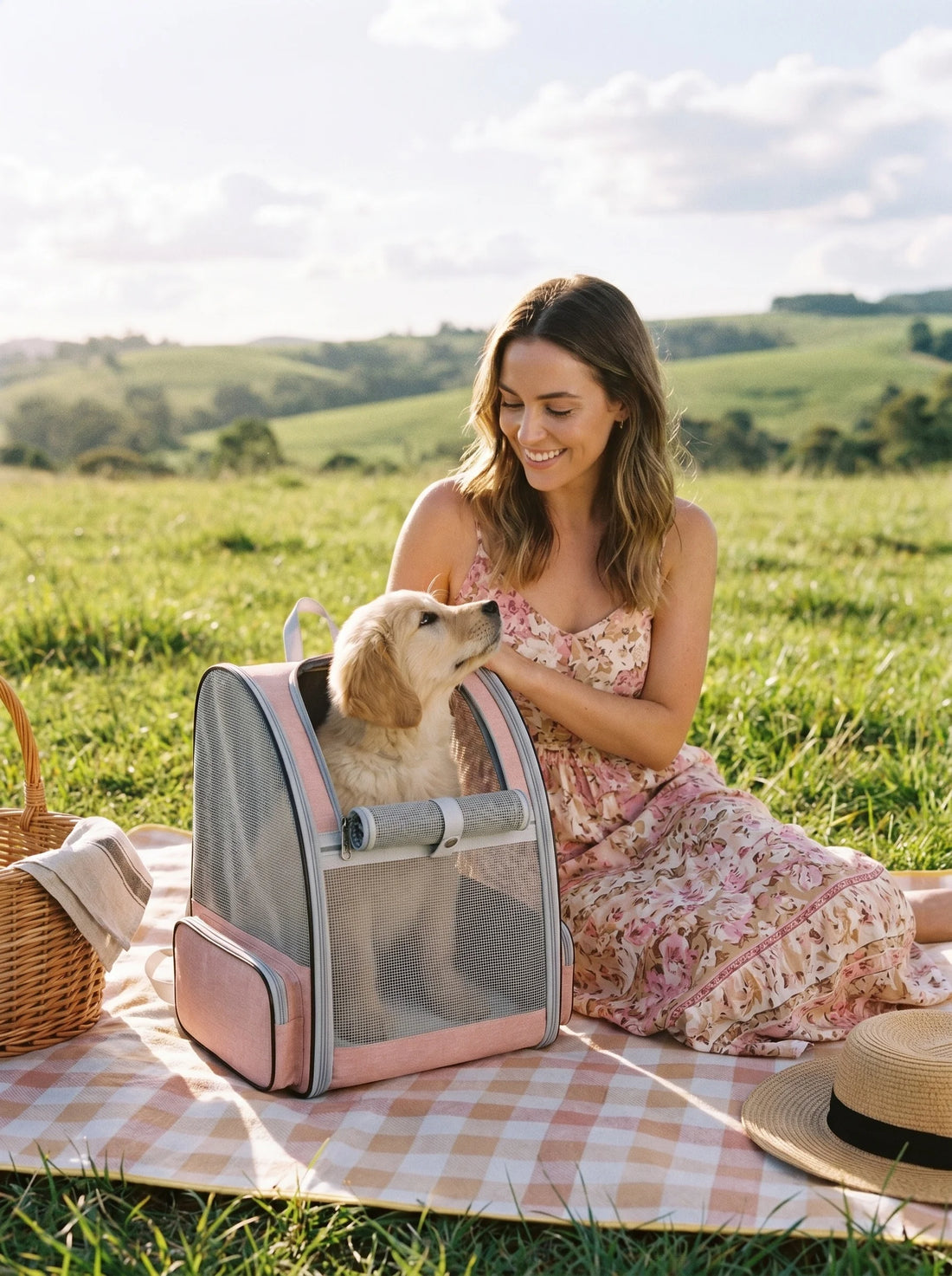 Sac à dos de transport rose pour chat et petit chien avec un chiot golden retriever lors d'un pique-nique