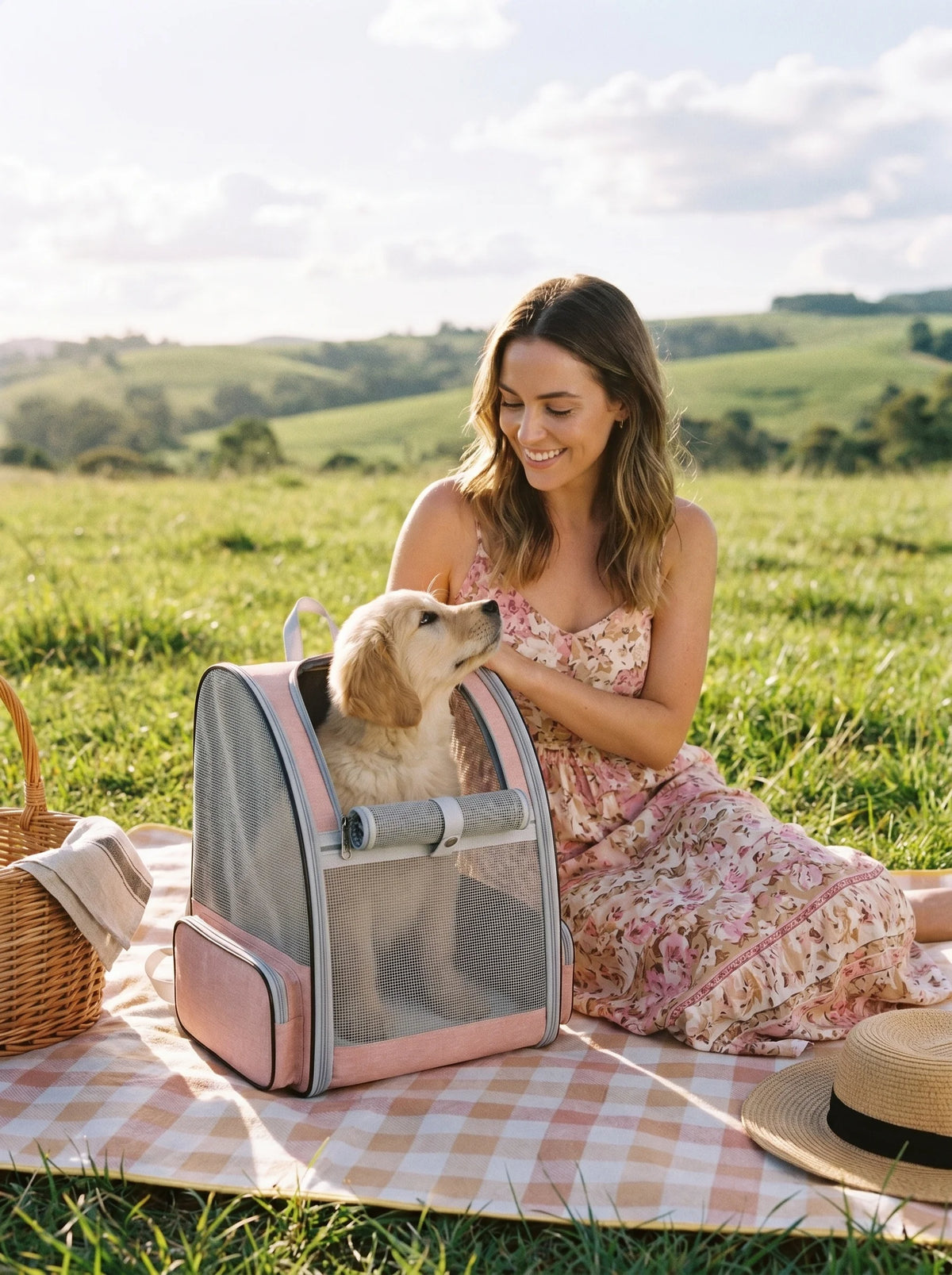 Sac à dos de transport rose pour chat et petit chien avec un chiot golden retriever lors d'un pique-nique