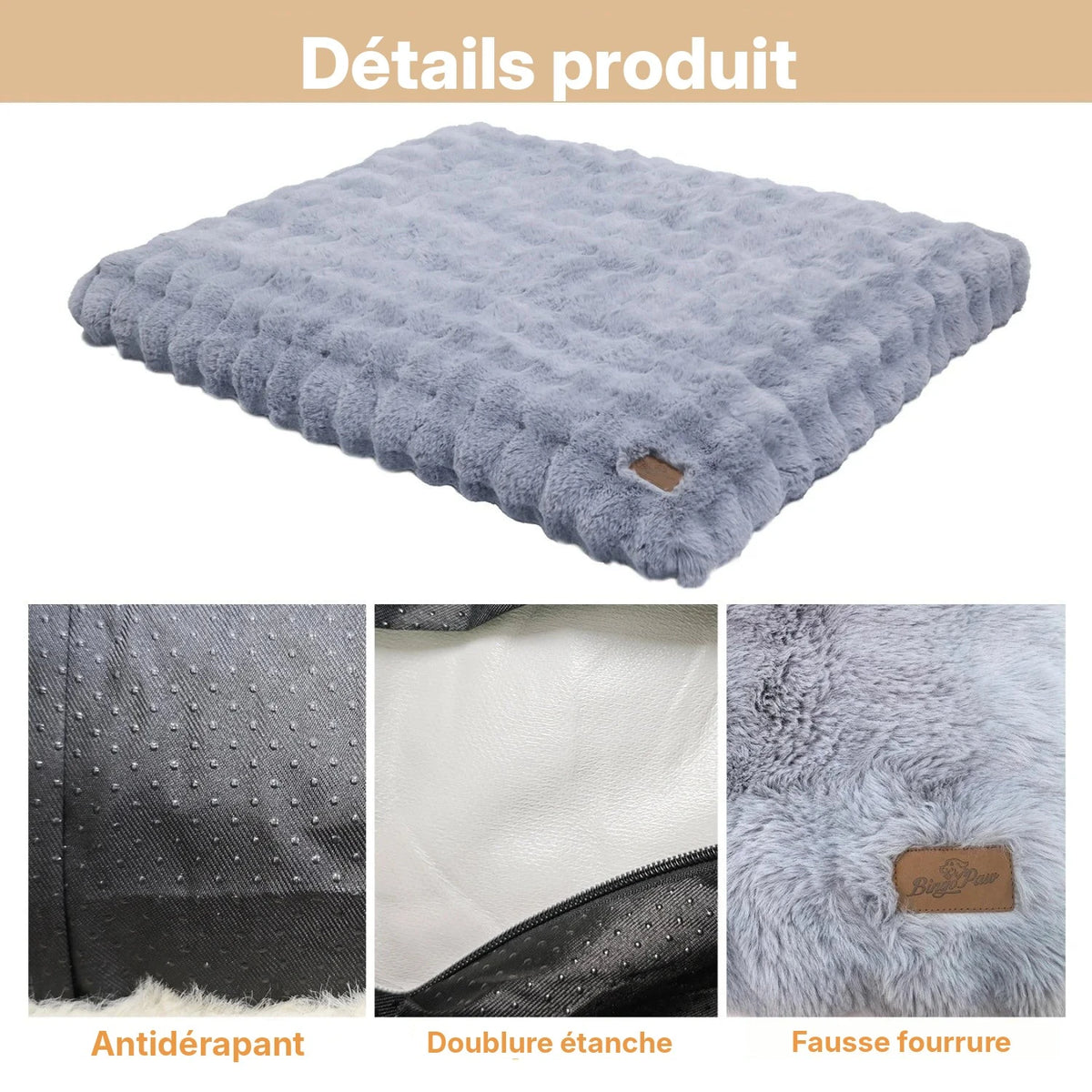 Lit en peluche BINGOPAW gris et gros plans : dessous antidérapant, doublure étanche, fausse fourrure