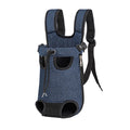 Sac à dos ventral pour petit chien en maille respirante, bleu denim, vue de trois quarts sur fond blanc