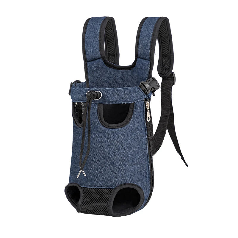 Sac à dos ventral pour petit chien en maille respirante, bleu denim, vue de trois quarts sur fond blanc