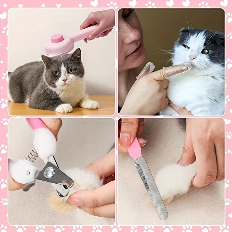 Utilisation du kit de toilettage 7 pièces pour chat et petit chien : brossage d'un chat, coupe et limage des griffes