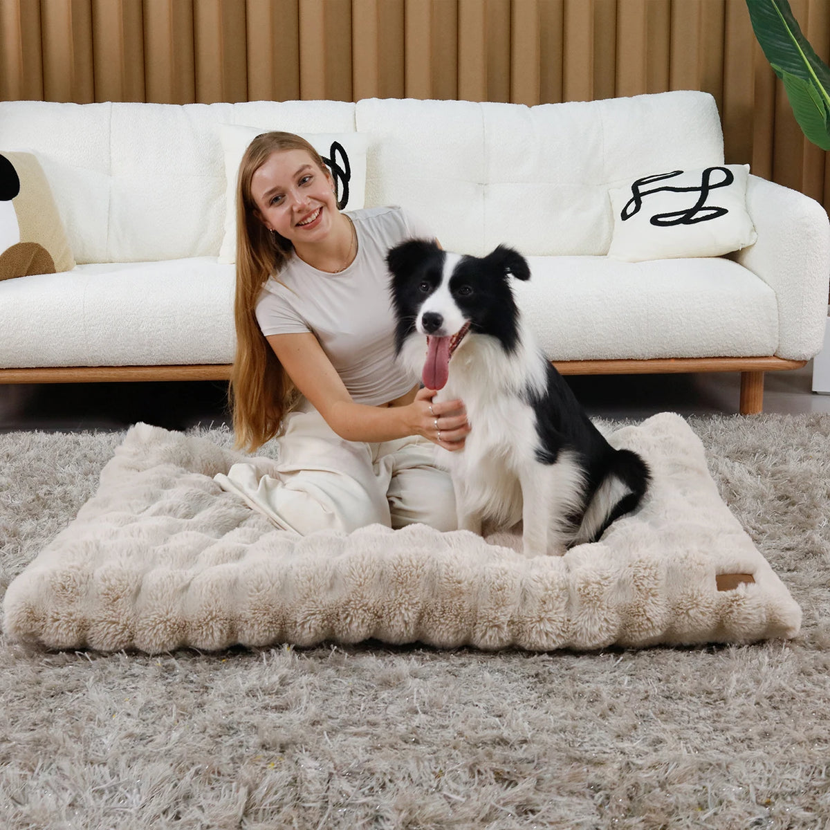 Lit en peluche BINGOPAW beige au sol, une jeune femme et un border collie assis dessus