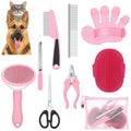 Kit de toilettage avec peigne anti-puces coloris rose : brosse, peignes, ciseaux, coupe-griffes, gant de bain et trousse