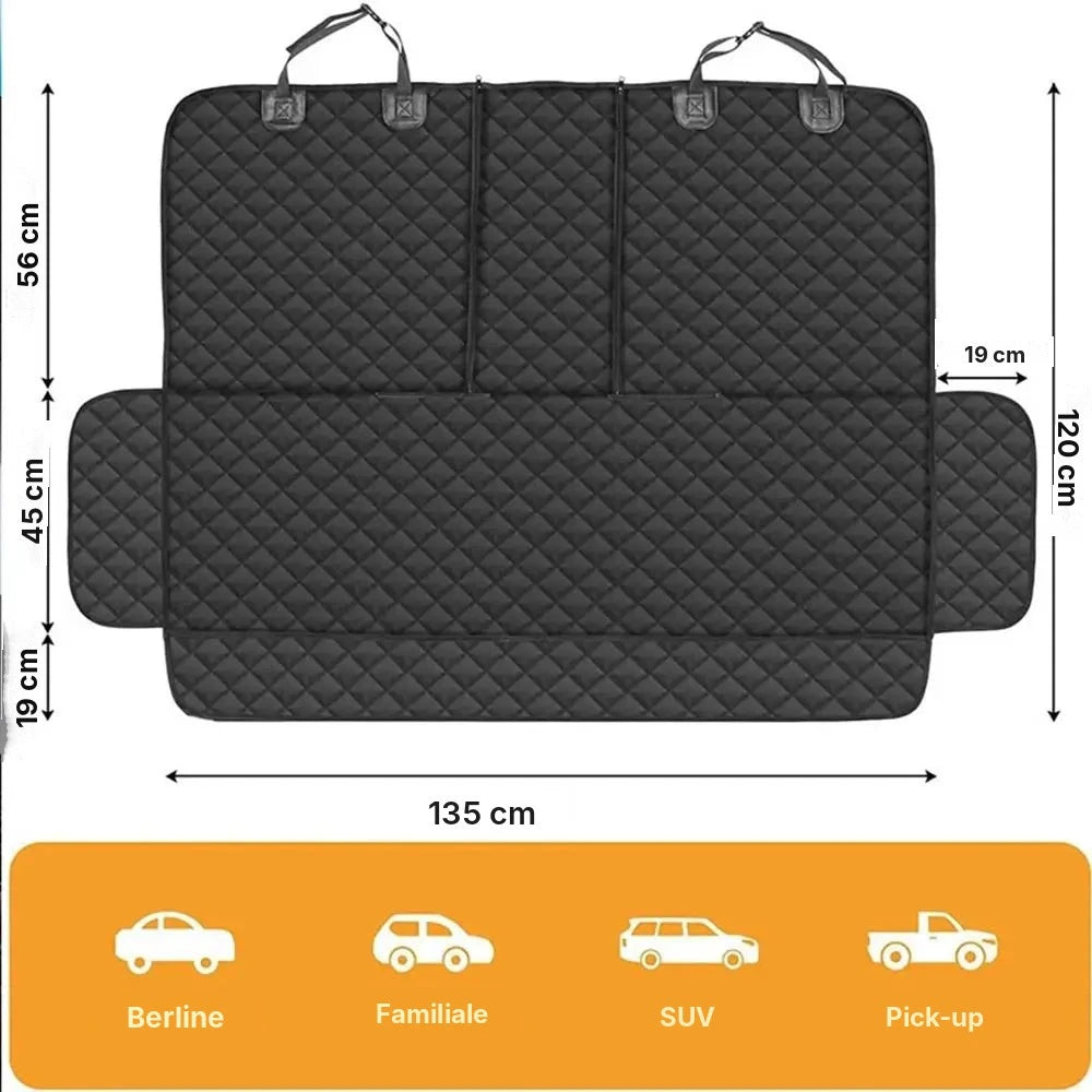 Housse de siège arrière imperméable pour chien et chat, noire matelassée, sur fond blanc