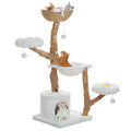 Arbre à chat fleurs en bois massif 150 cm avec perchoirs fleurs blancs et niche en peluche, sur fond blanc