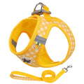 Harnais réfléchissant à carreaux pour petit chien et chat coloris jaune avec laisse assortie et mousqueton