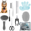 Kit de toilettage avec peigne anti-puces coloris gris : brosse, peignes, ciseaux, coupe-griffes, gant de bain et trousse