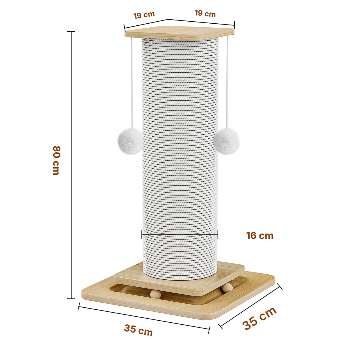 Griffoir pour chat 3 en 1 en sisal 80 cm, schéma des dimensions : plateau 19 cm, poteau 16 cm, base 35 cm
