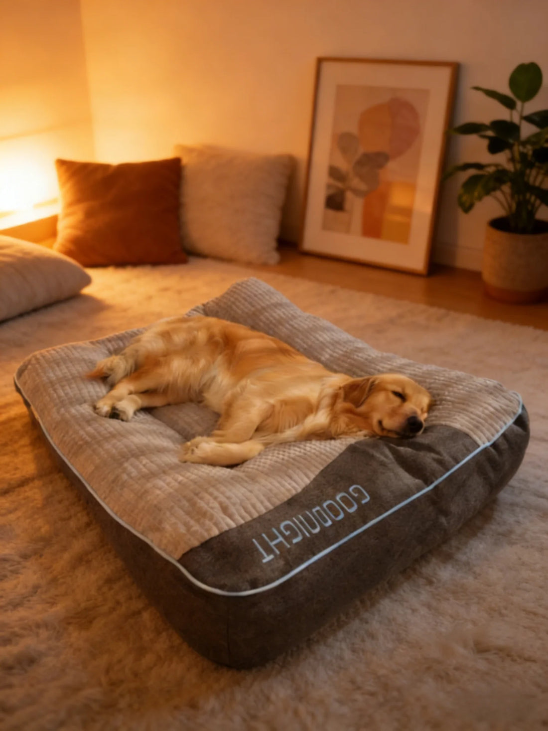 Lit-canapé XXL épais pour chien gris et taupe dans un salon en lumière du soir, golden retriever endormi