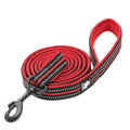 Laisse rembourrée réfléchissante Truelove 200 cm coloris rouge, enroulée avec mousqueton noir, sur fond blanc