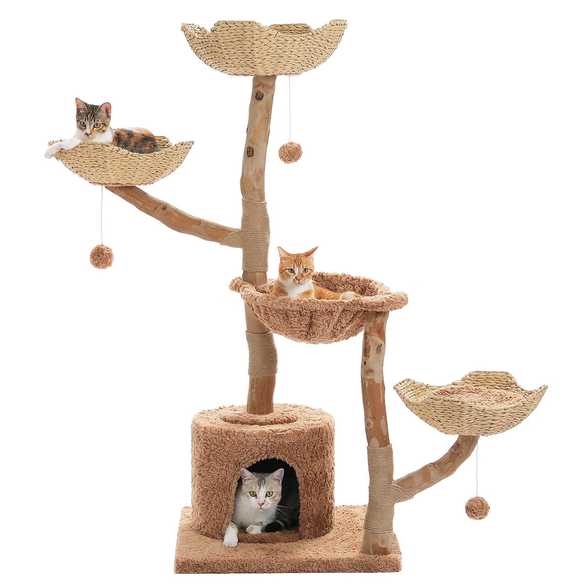 Arbre à chat fleurs en bois massif 150 cm avec paniers en rotin et niche marron, sur fond blanc avec chats