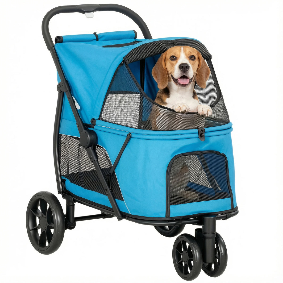 Poussette tout-terrain pliable PawHut pour chien bleue à trois roues, beagle à l'intérieur, sur fond blanc
