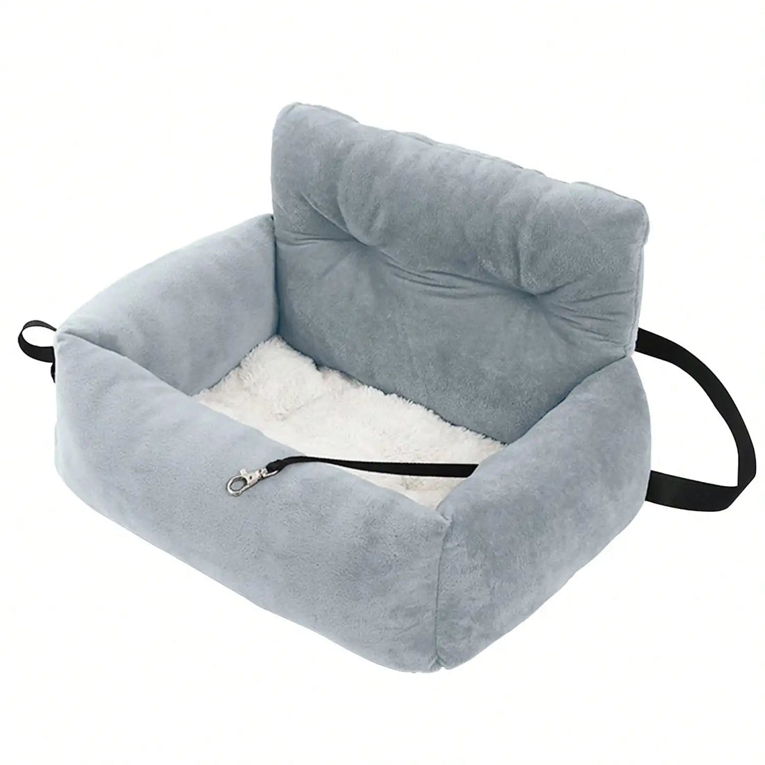 Siège rehausseur auto en peluche pour petit chien et chat, gris clair, coussin blanc et attache, sur fond blanc