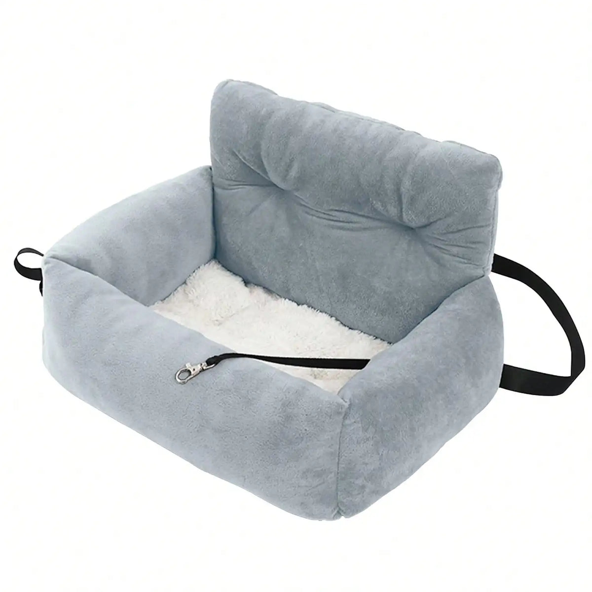Siège rehausseur auto en peluche pour petit chien et chat, gris clair, coussin blanc et attache, sur fond blanc