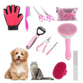 Kit de toilettage avec peigne anti-puces, grand coffret rose : gant, démêloir, brosse, coupe-griffes