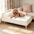 Canapé surélevé en peluche BINGOPAW blanc crème avec un caniche abricot allongé, dans un salon lumineux