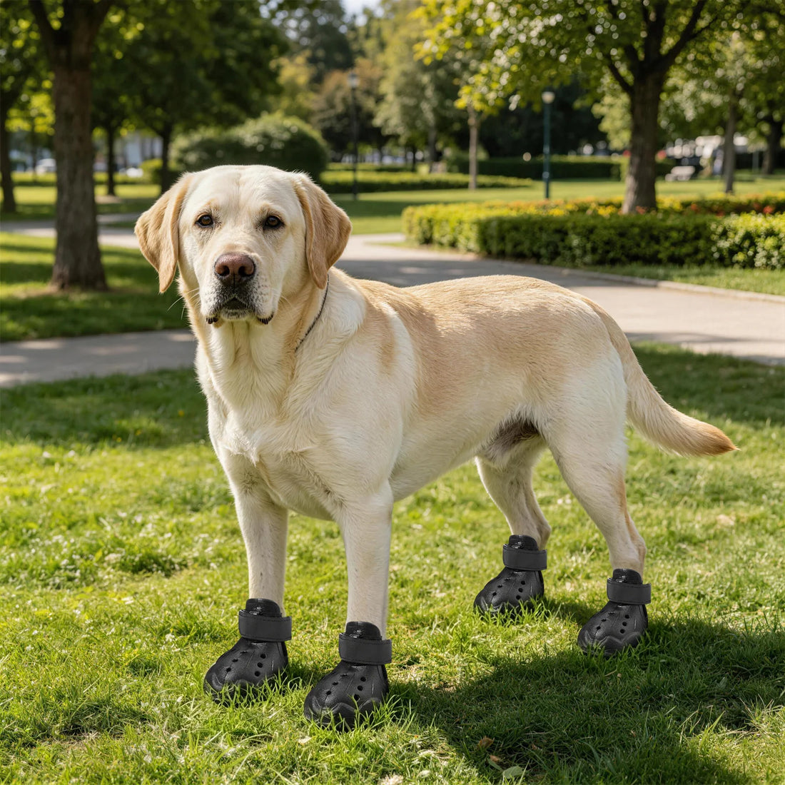 Bottines respirantes en EVA pour chien, lot de 4, noires, portées par un labrador debout, sur fond blanc