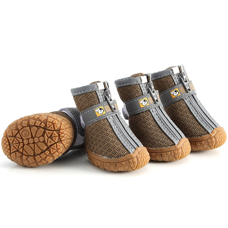 Lot de 4 chaussures antidérapantes respirantes pour petit chien marron chiné, semelle crantée visible