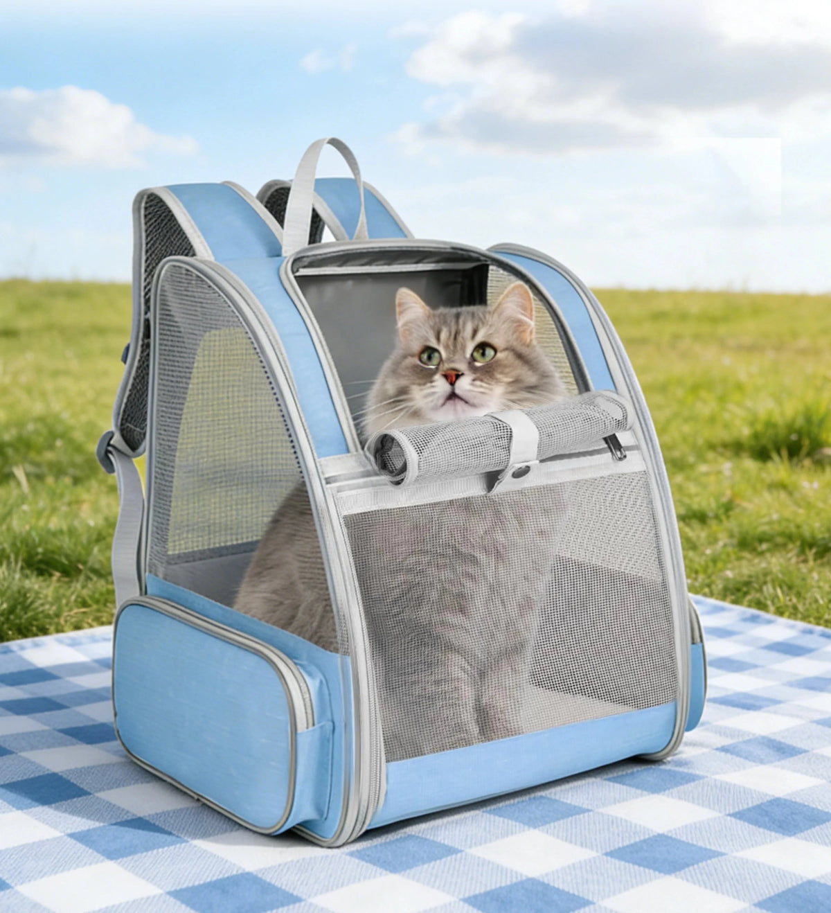 Sac à dos extensible et pliable pour chat et petit chien coloris bleu, chat tigré assis à l'intérieur