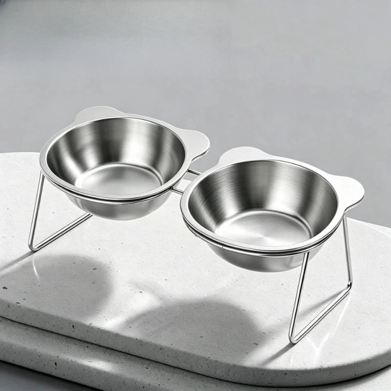 Bol incliné surélevé en inox 304 double pour chat et chiot, deux coupelles sur support posé sur un plateau