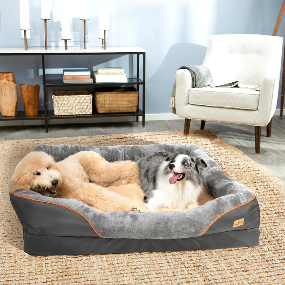 Lit imperméable BINGOPAW pour grand chien, gris à liseré orange, deux chiens couchés dans un salon