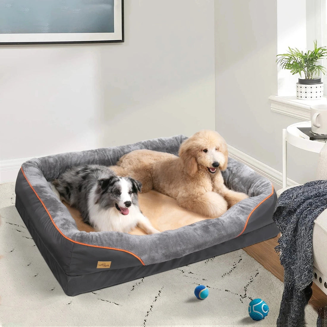Lit imperméable BINGOPAW pour grand chien, gris à liseré orange, deux chiens couchés dans un salon