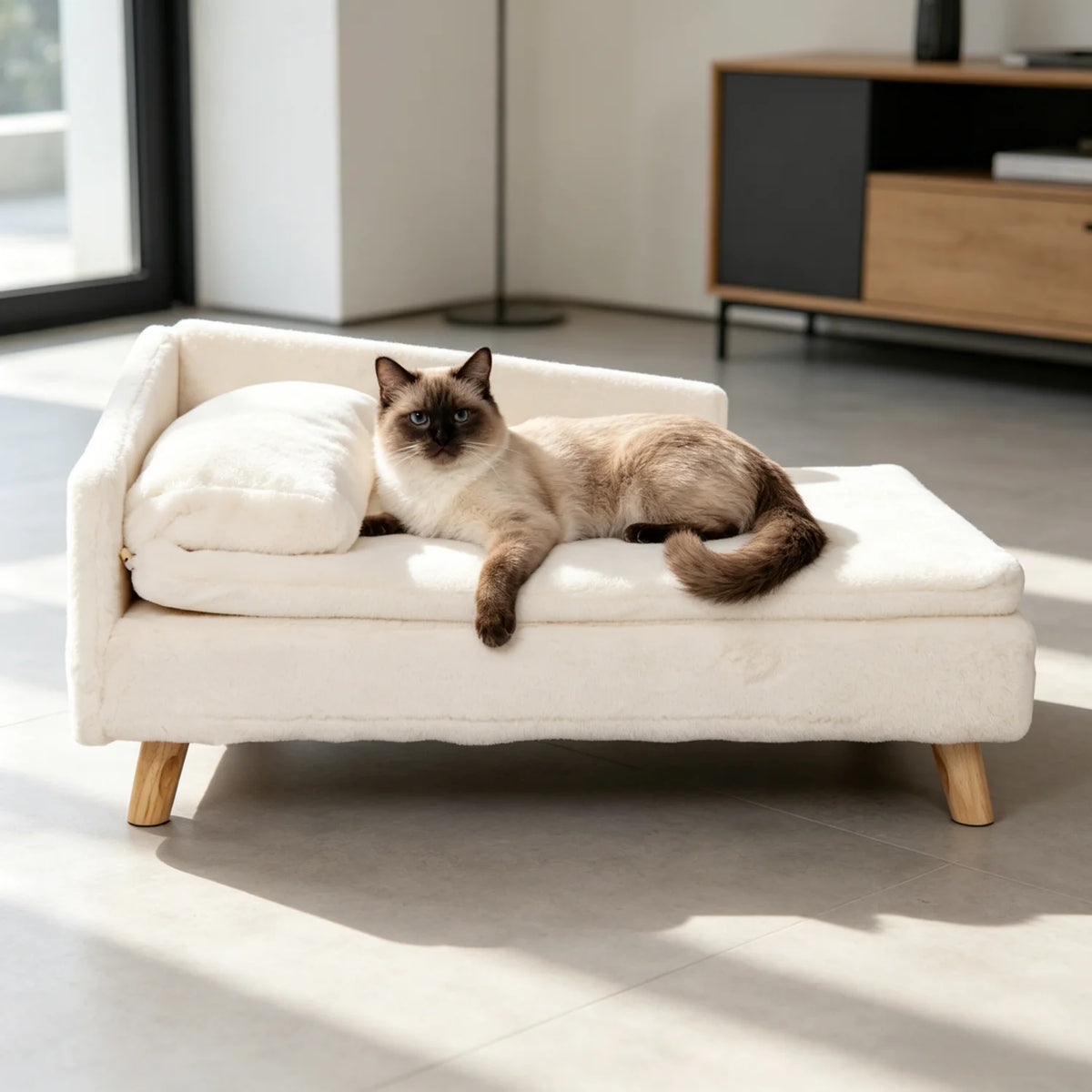 Canapé surélevé en peluche BINGOPAW blanc crème avec un chat siamois allongé, pieds en bois naturel