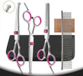 Kit de ciseaux de toilettage en inox à bouts ronds, anneaux roses, version courbe vers le bas avec peigne et étui