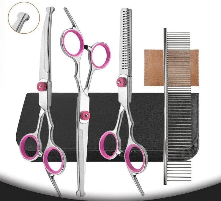 Kit de ciseaux de toilettage en inox à bouts ronds, anneaux roses, version courbe vers le bas avec peigne et étui