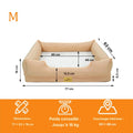 Lit pour chien BINGOPAW beige taille M, schéma des dimensions, poids conseillé et couchage