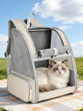 Sac à dos extensible et pliable pour chat et petit chien coloris blanc beige, chat ragdoll couché dedans
