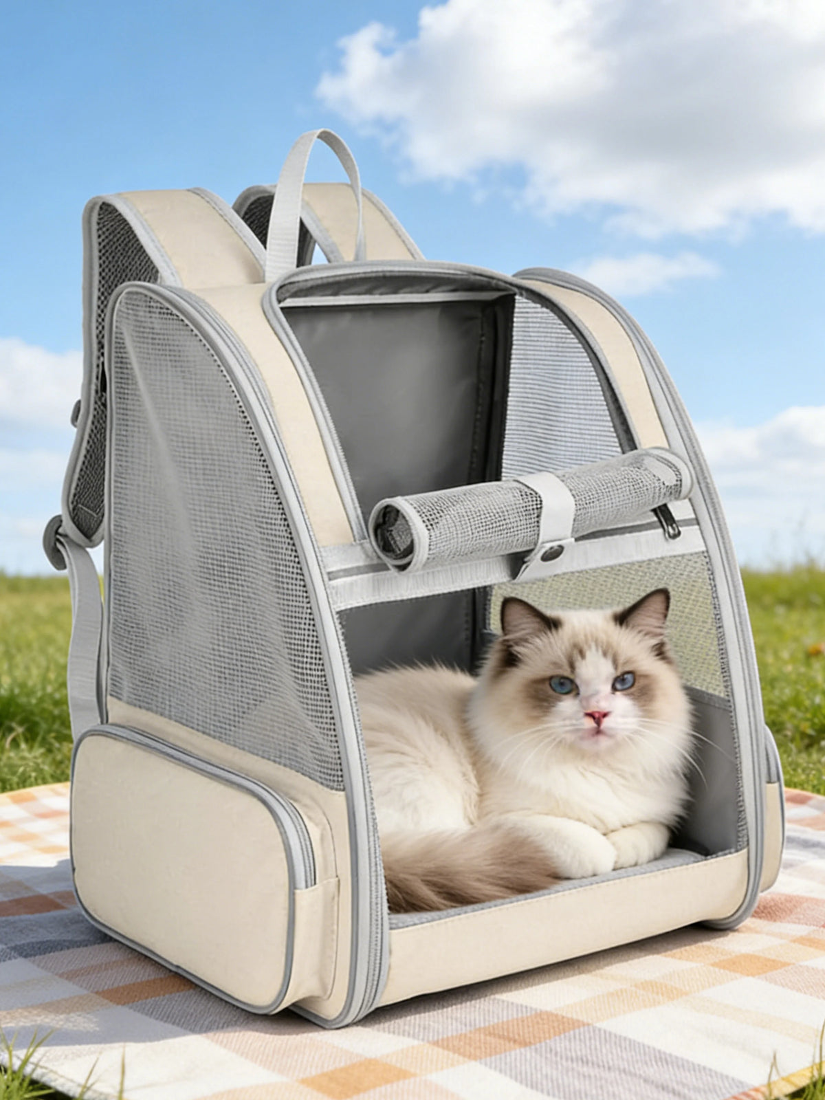 Sac à dos extensible et pliable pour chat et petit chien coloris blanc beige, chat ragdoll couché dedans