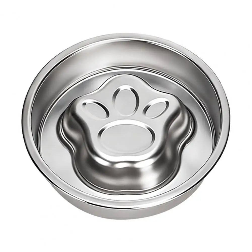 Gamelle anti-glouton en acier inoxydable motif patte de chat, vue de dessus sur fond blanc