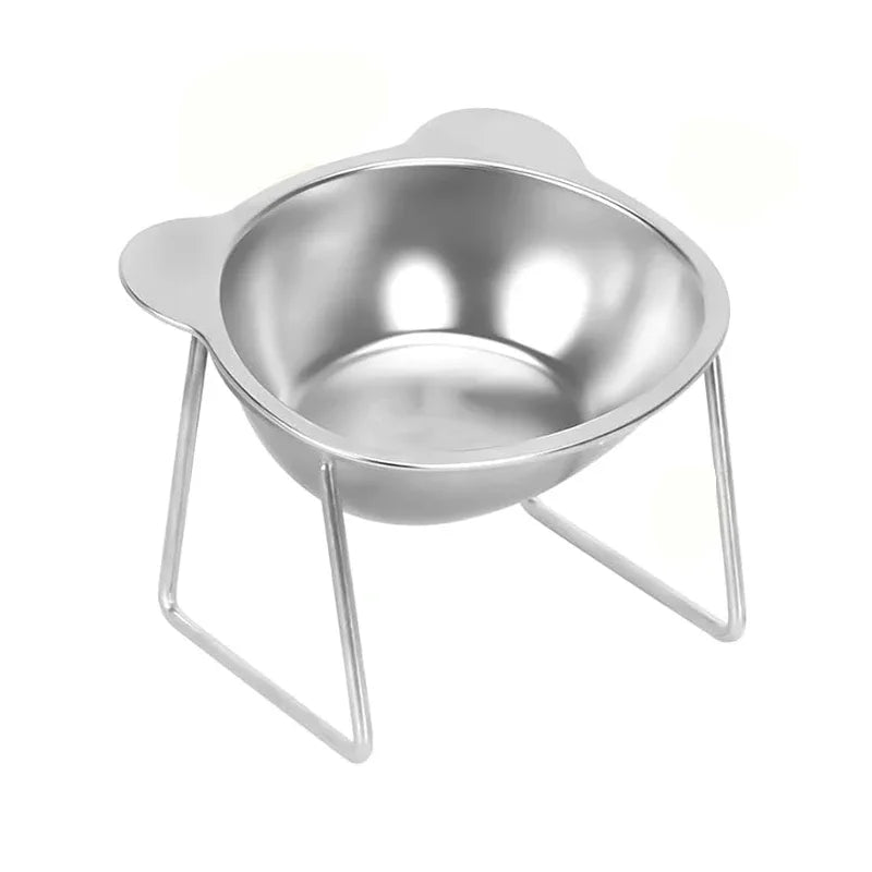 Bol incliné surélevé en inox 304 simple pour chat et chiot, coupelle à oreilles sur pied métallique, fond blanc