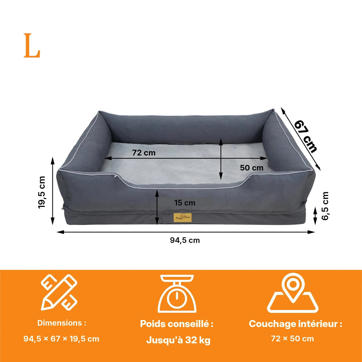 Lit pour chien BINGOPAW gris taille L, schéma des dimensions, poids conseillé et couchage