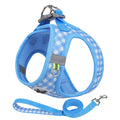 Harnais réfléchissant à carreaux pour petit chien et chat coloris bleu avec laisse assortie et mousqueton