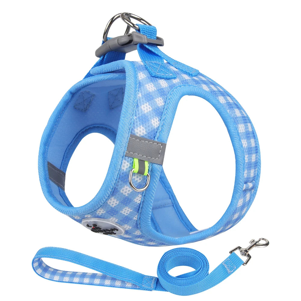 Harnais réfléchissant à carreaux pour petit chien et chat coloris bleu avec laisse assortie et mousqueton