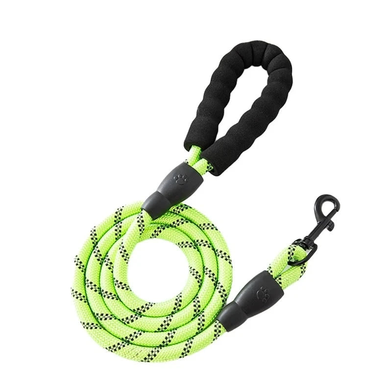 Laisse corde réfléchissante en nylon coloris vert avec poignée en mousse noire et mousqueton