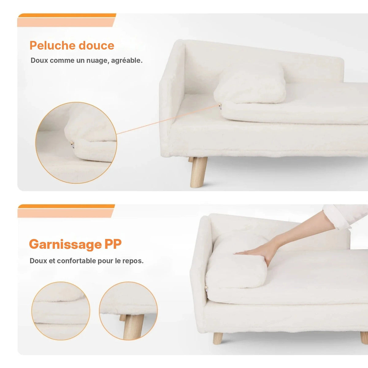 Détails du canapé surélevé en peluche BINGOPAW : tissu peluche doux et coussin rembourré en PP
