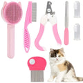 Kit de toilettage 7 pièces rose : brosse autonettoyante, peignes, coupe-griffes, lime et brosses à doigt