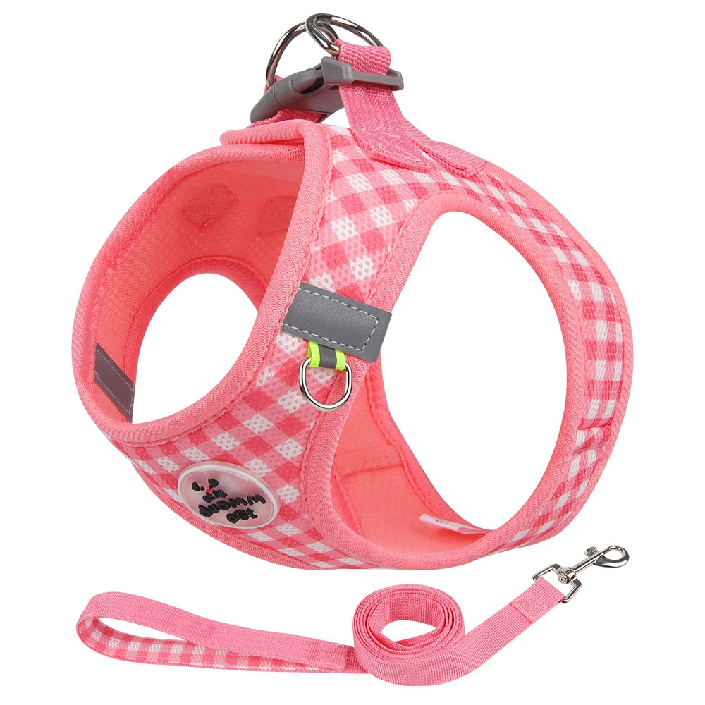 Harnais réfléchissant à carreaux pour petit chien et chat coloris rose avec laisse assortie et mousqueton